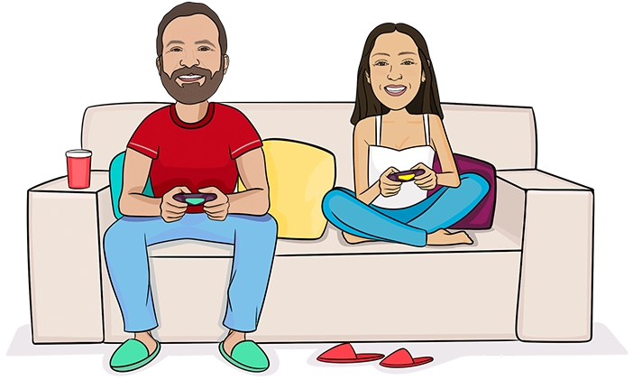 EqualWeb employees playing PlayStation sitting on a couch