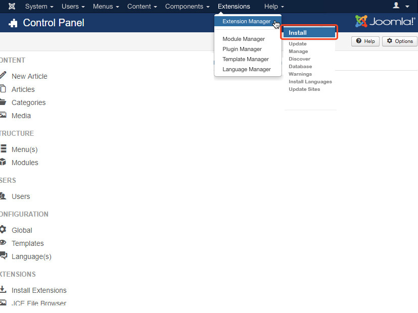 Control panel screenshot at Joomla platform