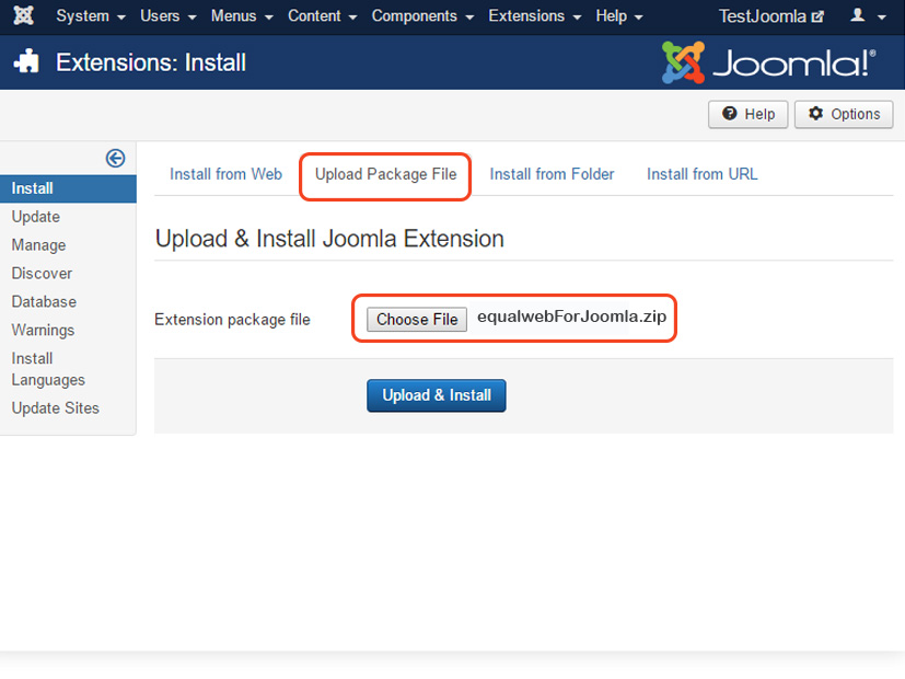Extensions install screenshot at Joomla platform