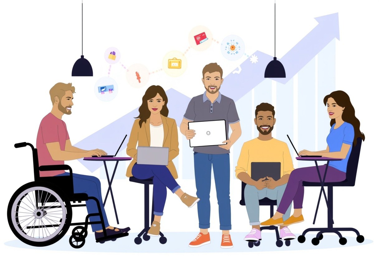 Illustration of a diverse team, one member using a wheelchair, working on laptops together
