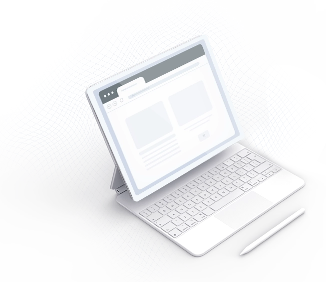 Tablet with keyboard and stylus, displaying a webpage, on a white background with a blue mesh pattern.