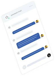 Chat Assistant interface on a tilted smartphone screen, showing blue and white message bubbles.