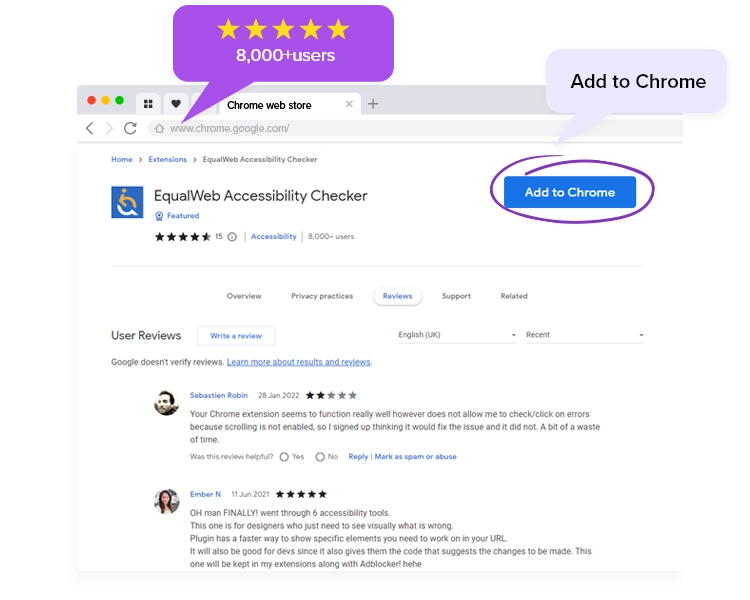 EqualWeb Checker open on the Google Store page reviews section