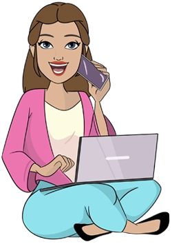 Woman sitting with laptop, talking on the phone