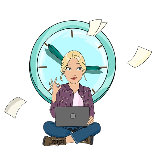 Woman sitting with laptop in front of big clock