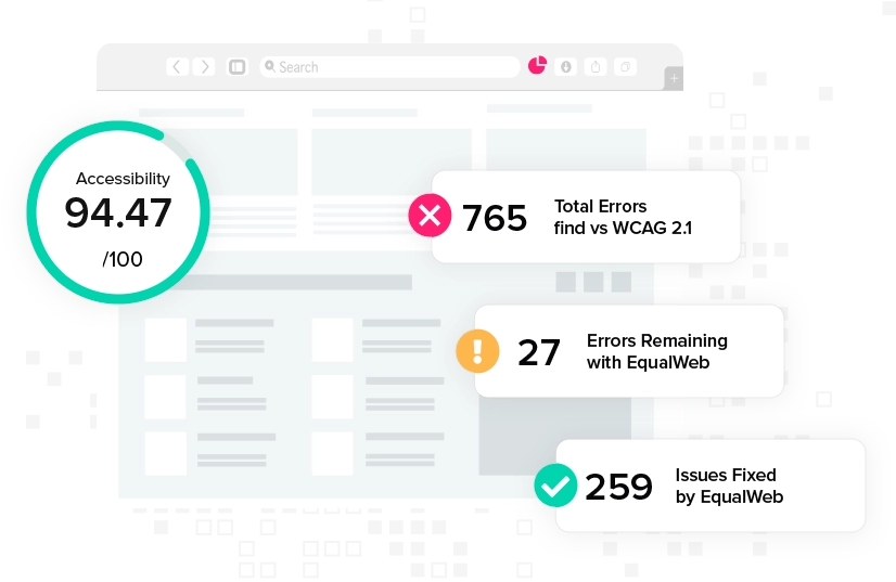 Browser with accessibility score, total errors, errors remaining, and issues fixed icons