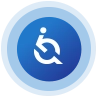 A blue circular icon with a wheelchair symbol.