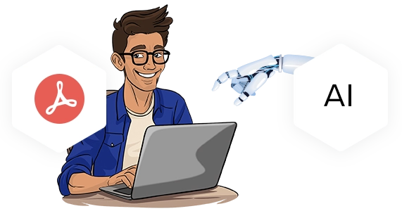 Man with laptop, Acrobat logo, AI icon
