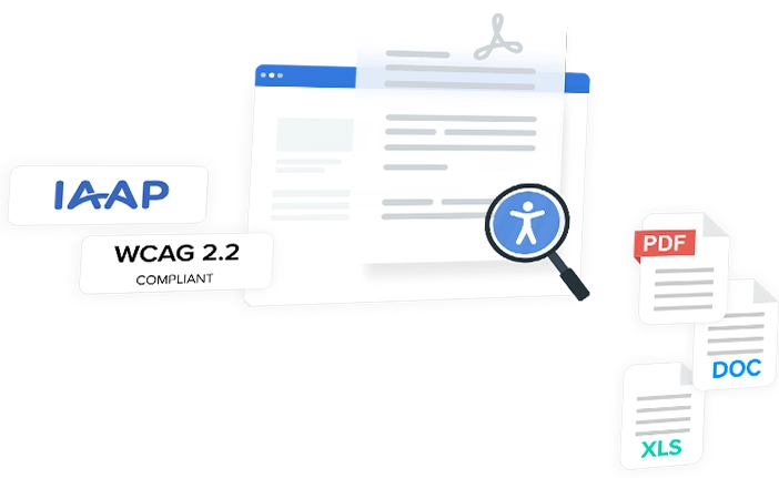 IAAP logo, WCAG 2.2 Compliant, PDF, DOC, XLS icons.