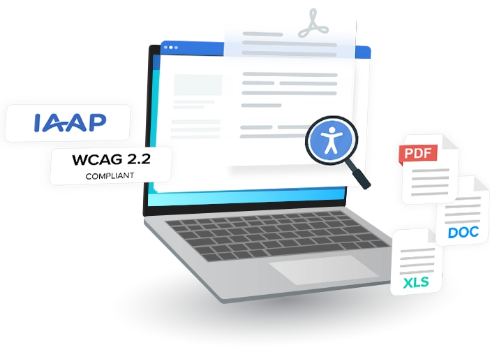 Laptop with document icons: IAAP, WCAG 2.2, PDF, DOC, XLS.