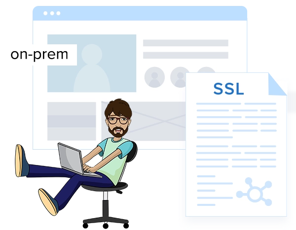 Man sitting with laptop next to SSL certificate
