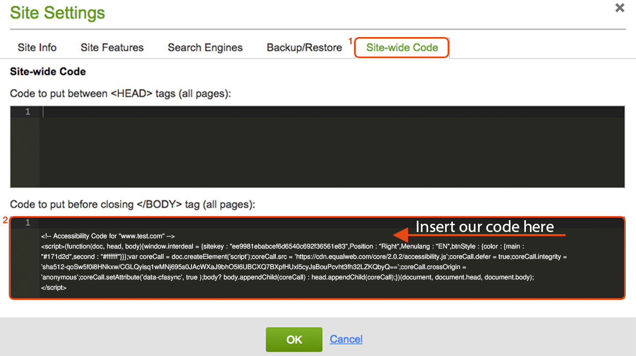 Site wide code screenshot at godaddy platform