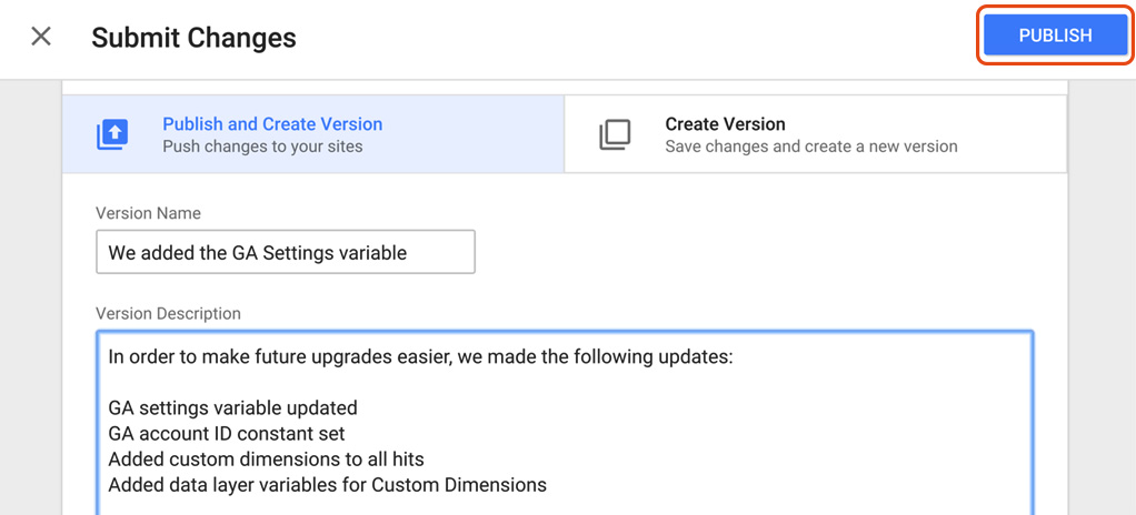 Submit changes screenshot at Google Tag Manager