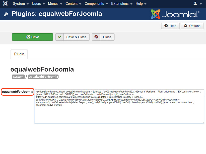 Plugin Equalweb for Joomla install screenshot at Joomla platform