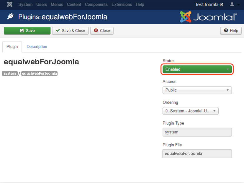 Plugin Equalweb for Joomla install screenshot at Joomla platform