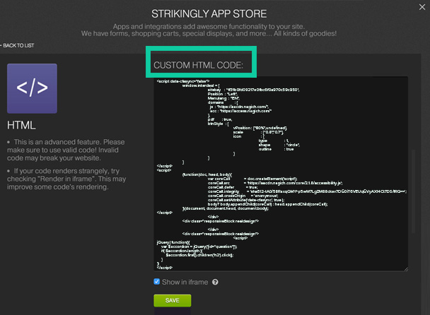 App store and HTML screenshot at Strikingly platform