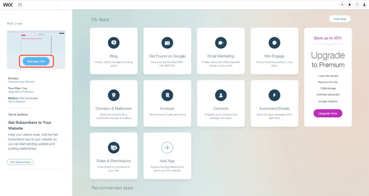 Setting screenshot at Wix platform