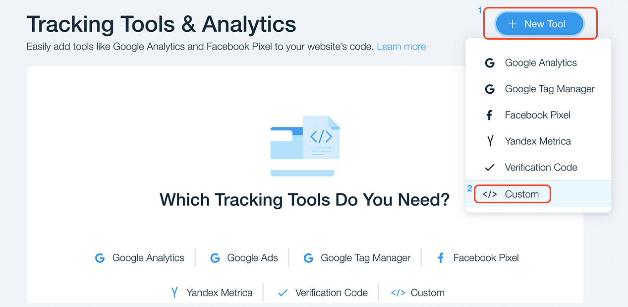 Tracking tools and analytics screenshot at Wix platform
