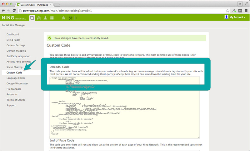 Site editor screenshot at Ning website platform