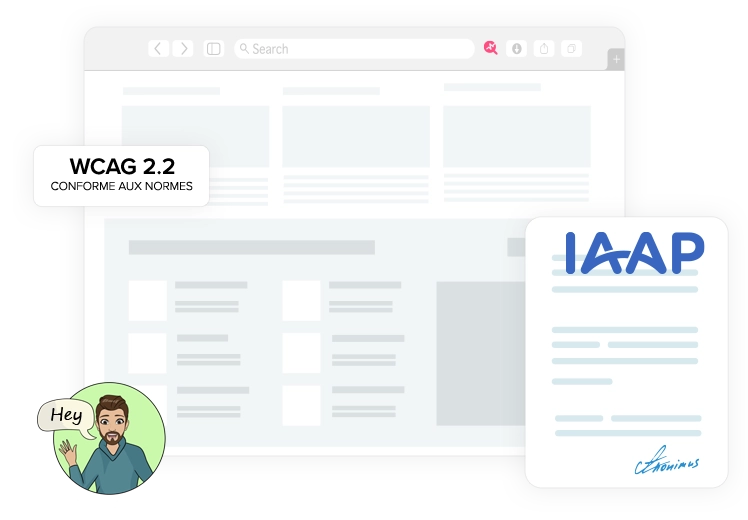 Person says Hey next to screenshot displaying WCAG 2.2 and IAAP logos?