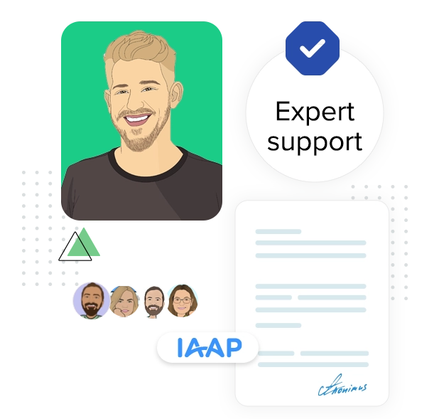 EqualWeb expert with faces of the support team and IAAP logo