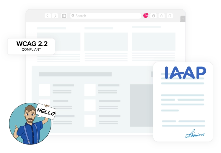 Man with hello sign at bottom corner of browser, alongside IAAP certificate and WCAG 2.2 compliant text