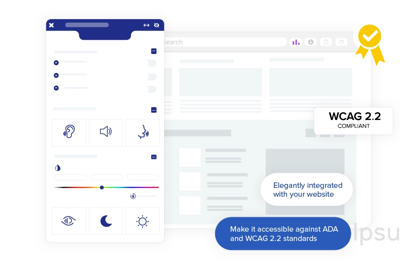 Widget interface over browser screen and text that reads Elegantly integrated with your website and Make it accessible against ADA and WCAG 2.2 standards