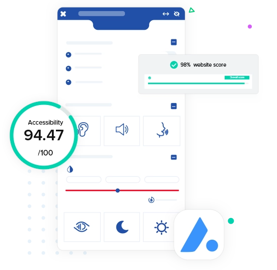 Accessibility score of 94.47 out of 100 over widget interface and text reading 98 percent website score