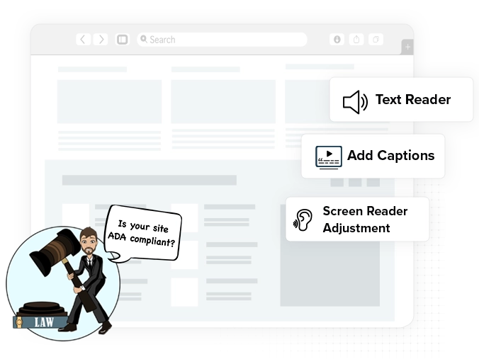 Man icon with justice hammer asking Is your site ADA compliant?