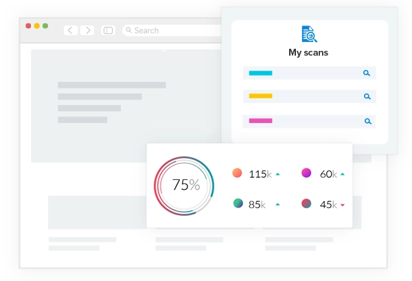 75 percent accessibility score with issue numbers, My scans list screen and browser